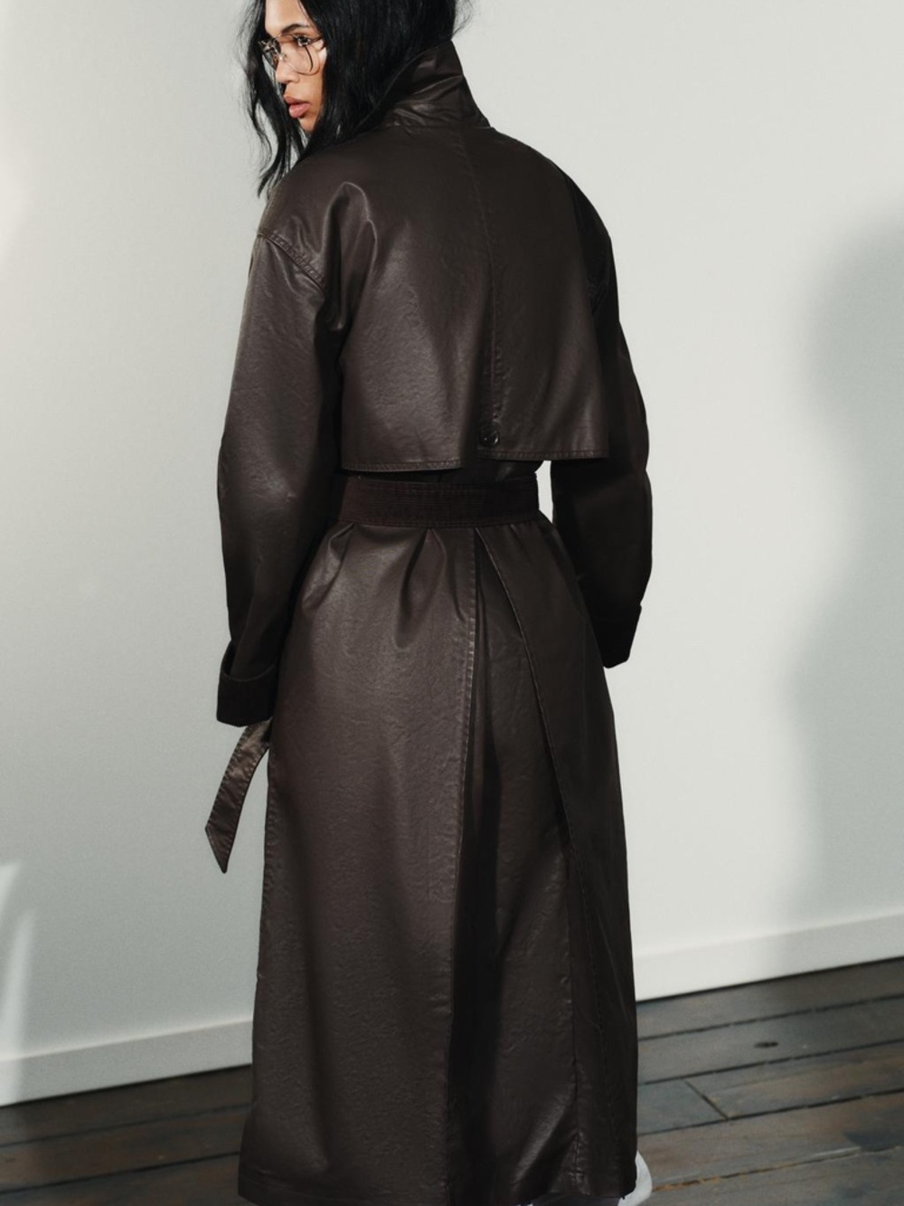 Zara Trench Cordoroy Cuffs Coat Waxing and Dark Brown Long Belted NWT - Picture 4 of 16